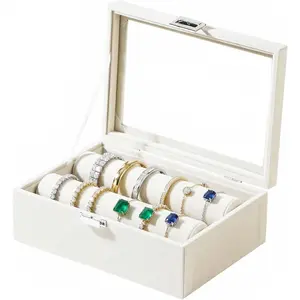 Bracelet Display Holder with Clear Lid,  Storage Organizer Box Case with Rods for Bangles, Watches, Women (Beige)