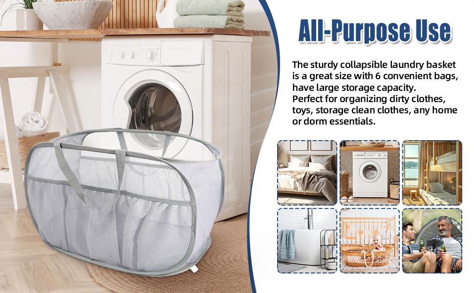 2 Pack Collapsible Laundry Baskets, Laundry Hamper with Convenient Bags, Foldable Laundry Basket Mesh Light Weight, Easy to Carry Clothes Hampers for Laundry, Dorm, Toys, Travel Grey