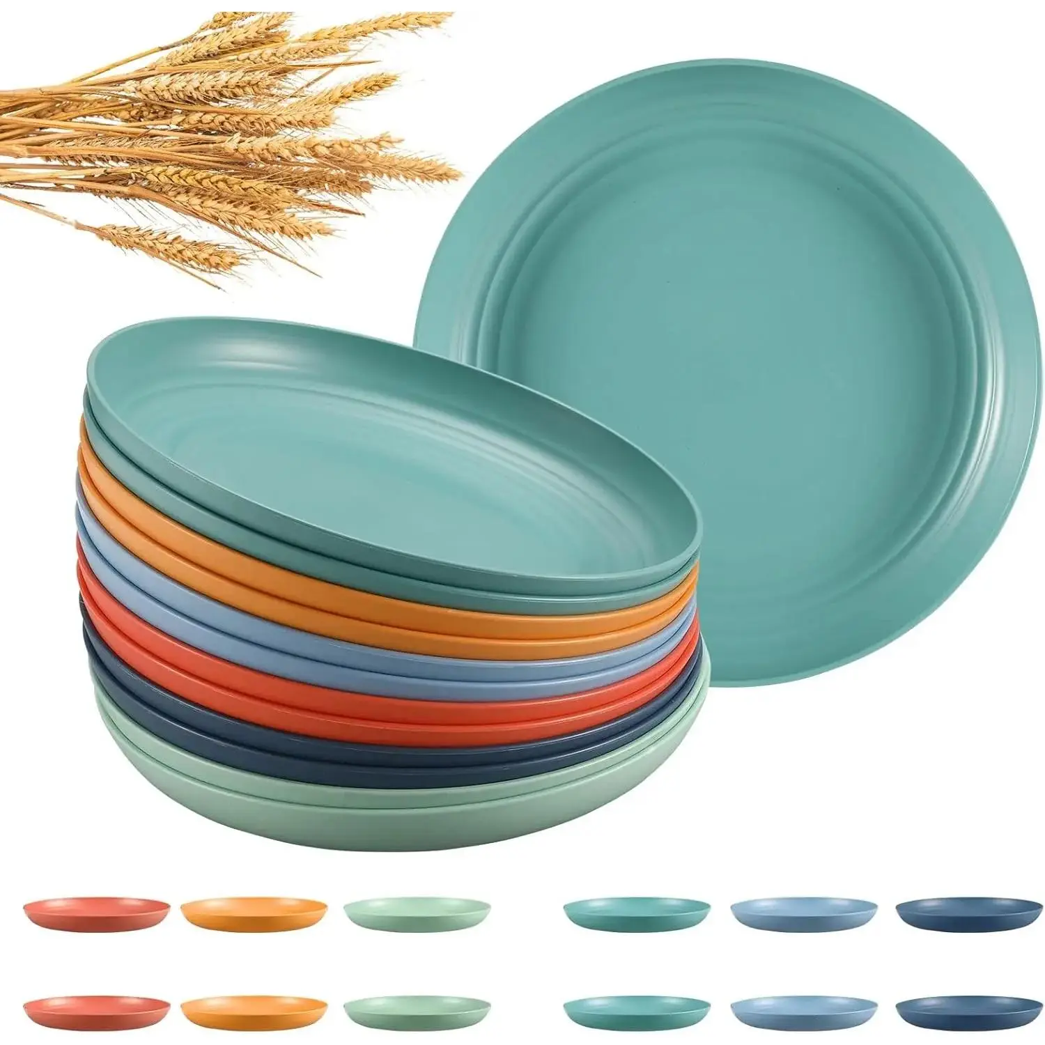 12 Pcs Unbreakable Deep Dinner Plates Set, 10 inch Reusable Plastic Wheat Straw Plates, Microwave and Dishwasher Safe Plate for Kitchen, Lightweight Plate for Dessert, BPA Free