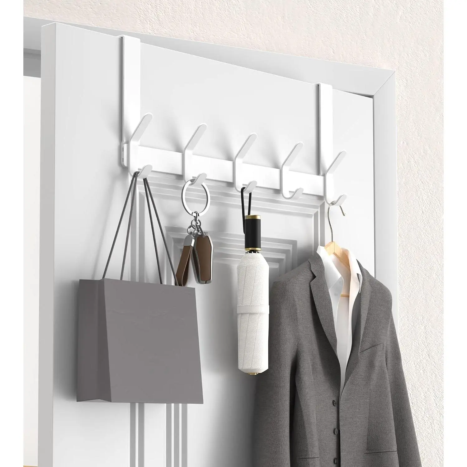 Over The Door Hooks with 7" Extended Arms, Fits /8" Doors, J18U, Heavy Duty Bathroom & Closet Towel Rack, Double-Hooks Hanger 1 Pack, Glossy White