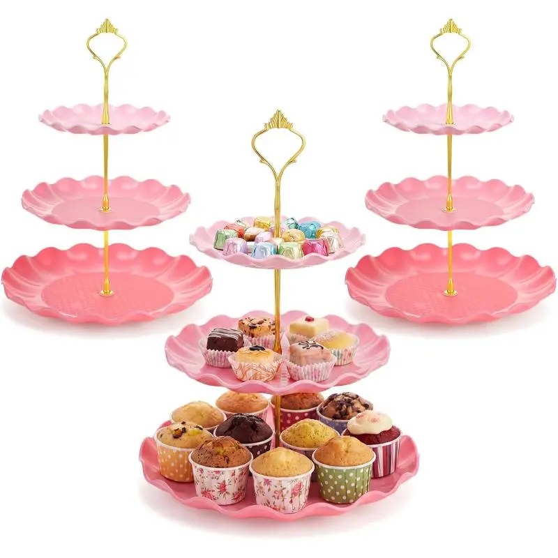 1/3 Pack Pink Cupcake Stands, Round 3-Tier Gradient Serving Tray, Plastic Dessert Table Display Tower for Wedding Bridal Baby Shower Birthday Tea Party