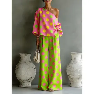 Women's Polka Dot 2-Piece Set, One-Shoulder Top & High-Waist Wide Leg Pants, Summer Dopamine Casual Fashion Outfit