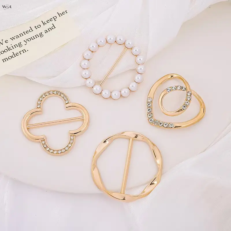 4/6/8 Pcs Metal Scarf Ring Clips Set, Heart Clover Pearl Twisted Round Shirt Waist Tighten Buckles, Gold Silver Rhinestone Slider Clasps for Blouse Dress Shawl Decor