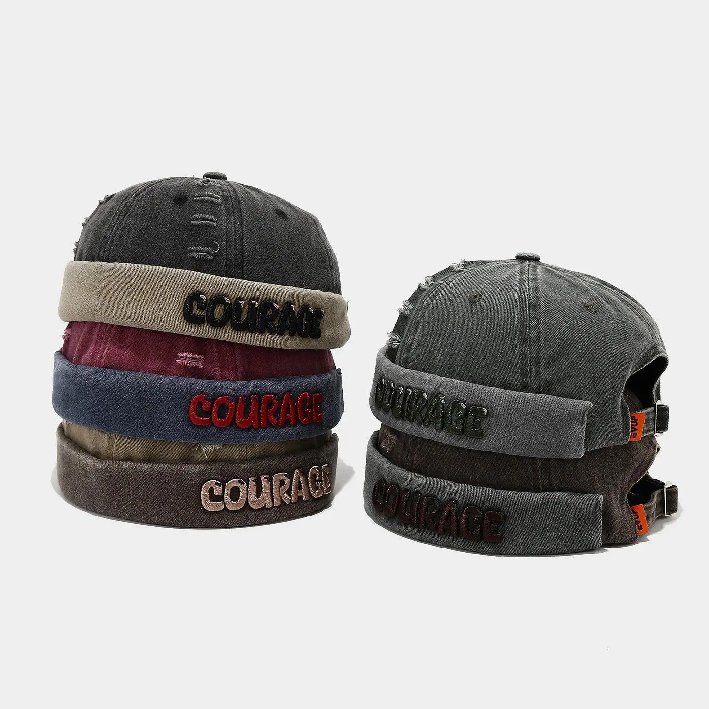 Vintage Distressed Denim Brimless Docker Hat • Y2K High Street Heavy Applique Slogan Embroidery Beanie Cuff Cap for Men Women
