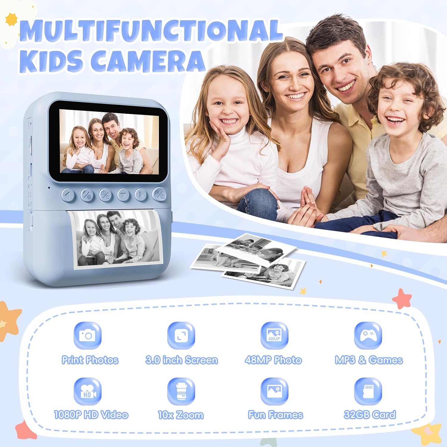 Instant Print Camera, 3.0'' Screen, 48MP Photo, 1080P HD,  for 3-12 Year Old Girls & Boys (Blue) with 32GB Card
