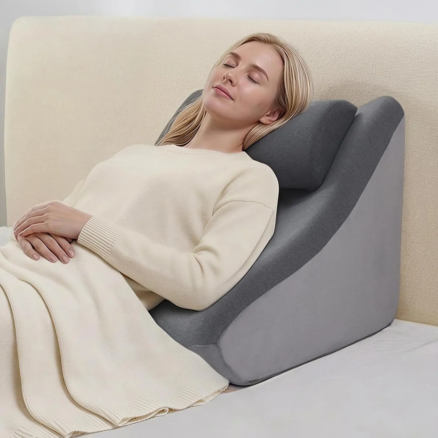 21"-Wide Back Pillow with Headrest – 2 in 1 Ergonomic Dual-Layer Wedge Backrest for Sitting or Reclining – Adults on Bed, Sofa &, for Reading, TV & Gaming, Soft Cover