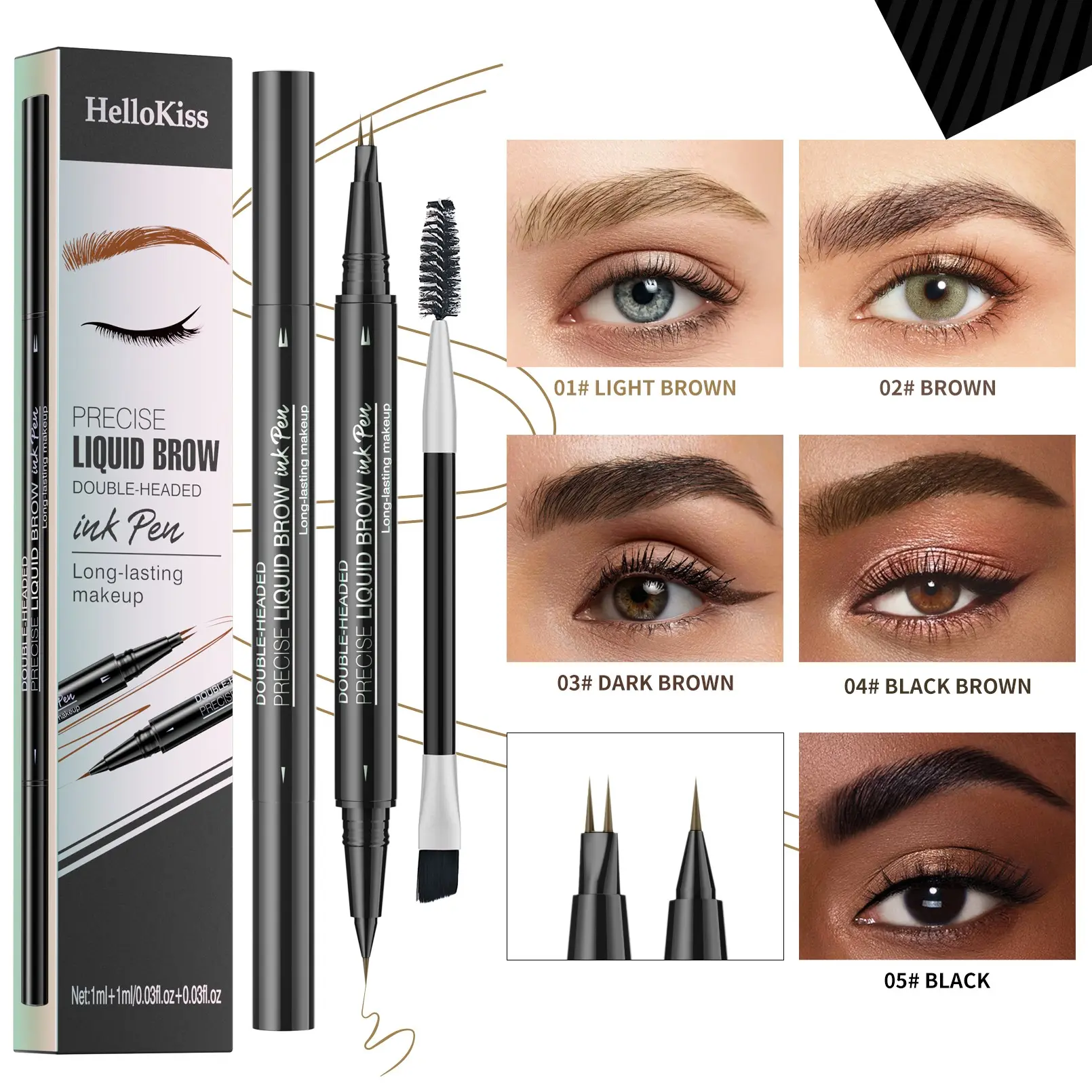 2-In-1 Fork Tip Liquid Eyebrow Pen & Eyeliner, 4D Natural Hair-Like Fluffy Brows, Waterproof Sweatproof Long-Lasting Eye Makeup, Brow Stain, Waterproof Eyebrow Pencil