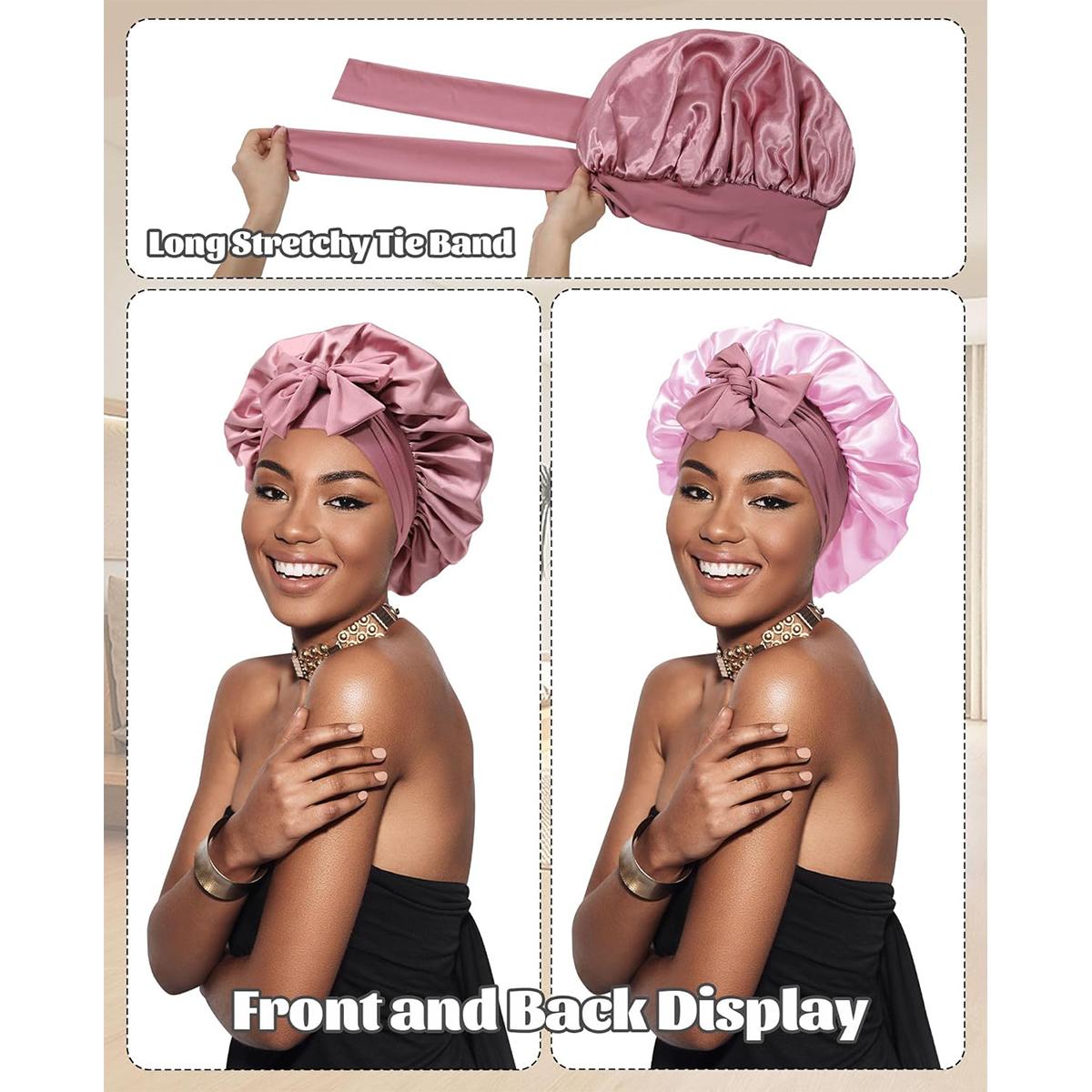 Reversible Double Layer Two-Color Satin Bonnet Silk Like Texture for Sleeping Cap Hair Bonnet with Elastic Tie Band for Curly Hair Night Cap