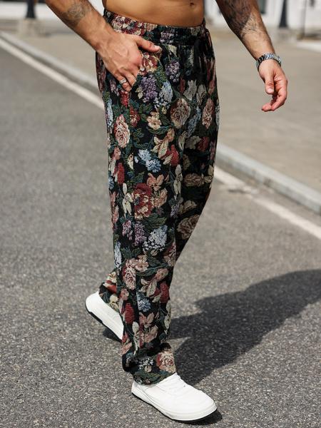 Men's Casual Floral Woven Pants, Elastic Drawstring Waist, Loose Fit, Perfect for Beach Vacation & Music Festivals