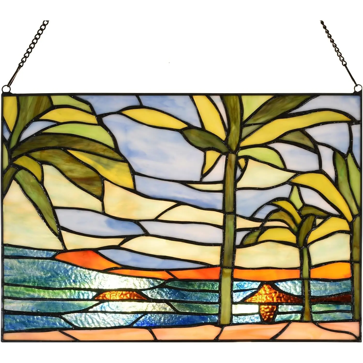 PA0006 Stained Glass Window Panel-14 Wx9.5 H Window Suncatcher Tiffany Style Ornament,Tropical Palm Trees Home Hanging Decorations