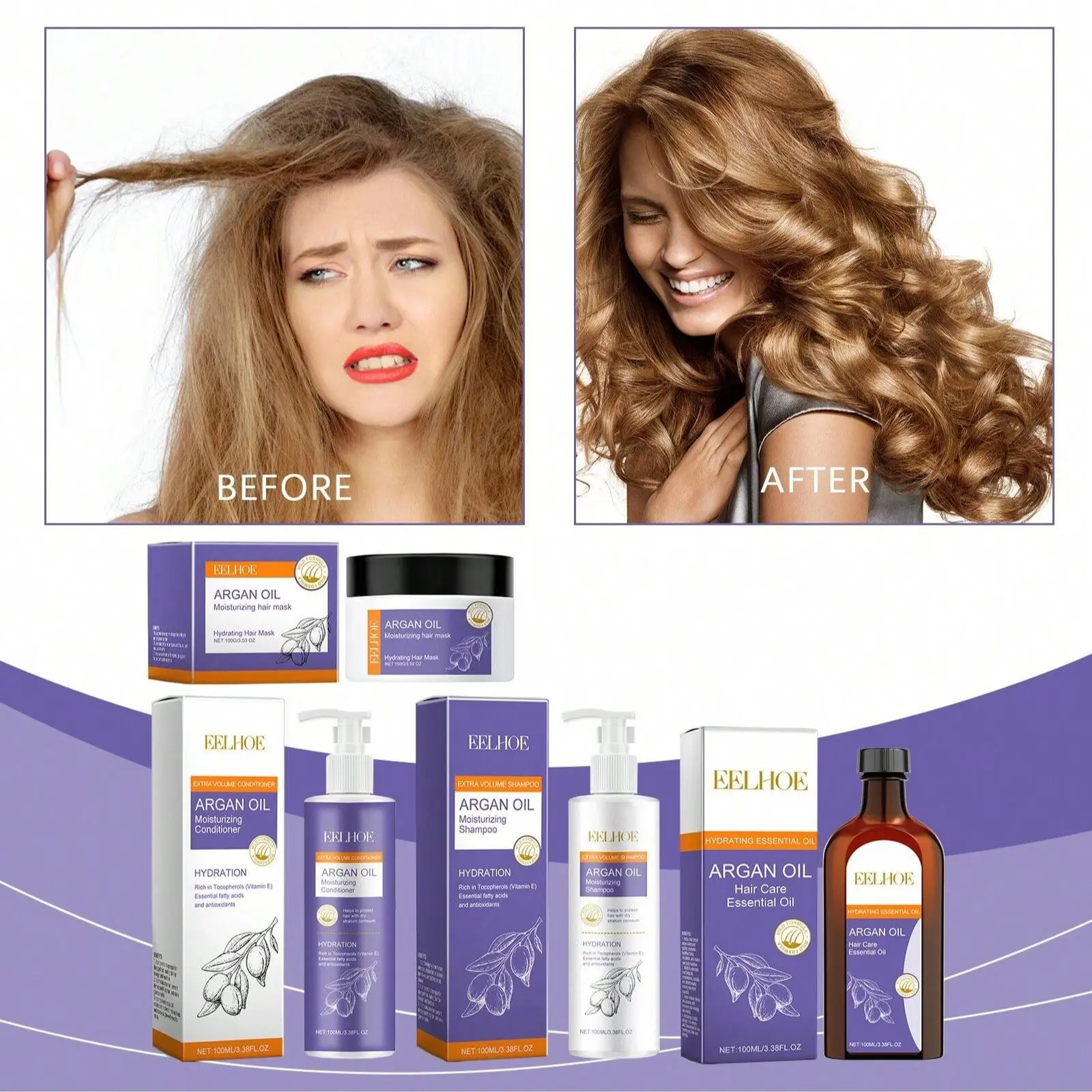 Moroccan Hair Care Kit, Shampoo, Contains Squalane, Argan Oil, Hemp Seed Oil, Deep Nourishment, Reduces Frizz and Knots, Moroccan Hair Series