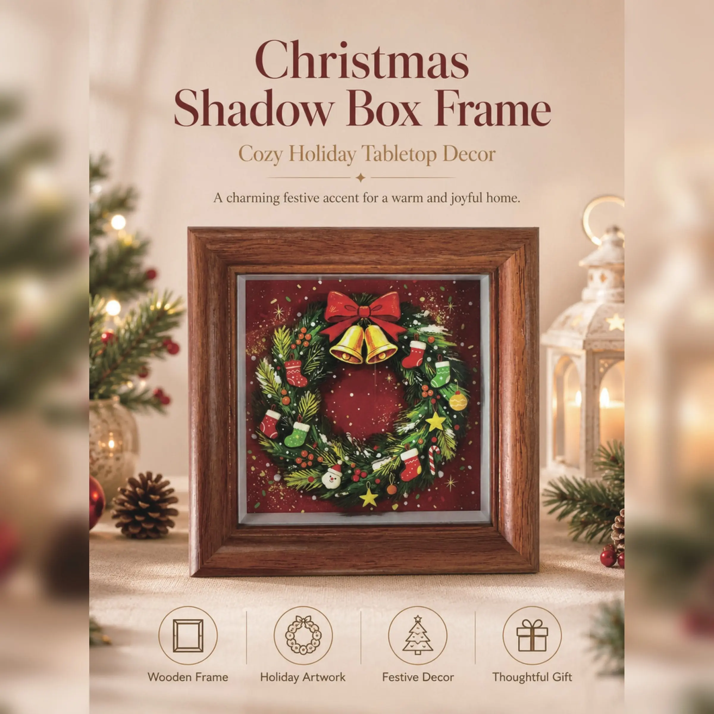 Christmas Wreath 3D Paper Craft Frame, Wood Grain Square Holiday Decorative Picture Frame, Christmas Desktop Gift Decoration
