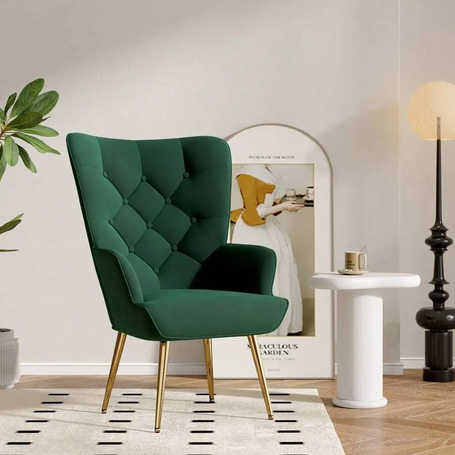 Mid-Century Modern Velvet Button Tufted Wingback Accent Chair - Rounded Arms, Tufted Back, Ergonomic Upholstered Back, 20.5" Length, Metal Legs, Easy Setup, for Indoor Living Room, Study, Assembly Required