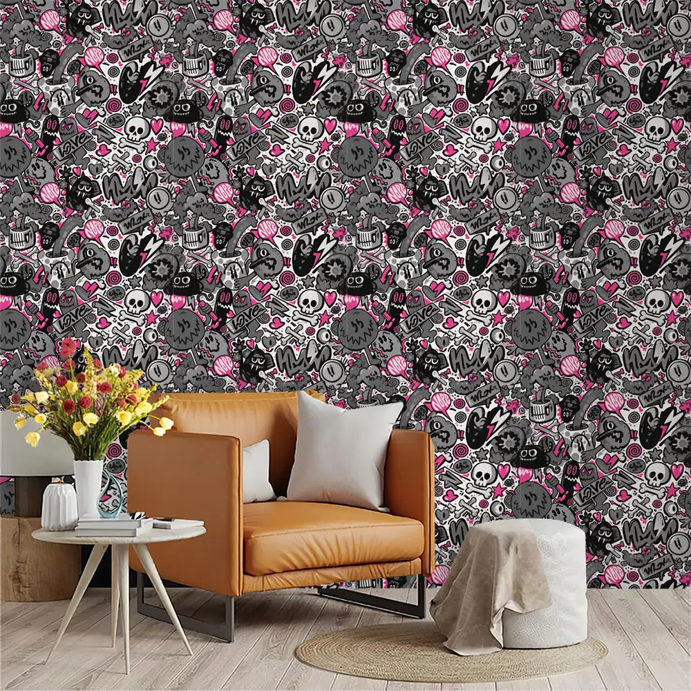 Dark Skeleton Heart Cycle Spliced PVC Self Adhesive Wallpaper, Waterproof Decor For Home Wall Furniture Decoration