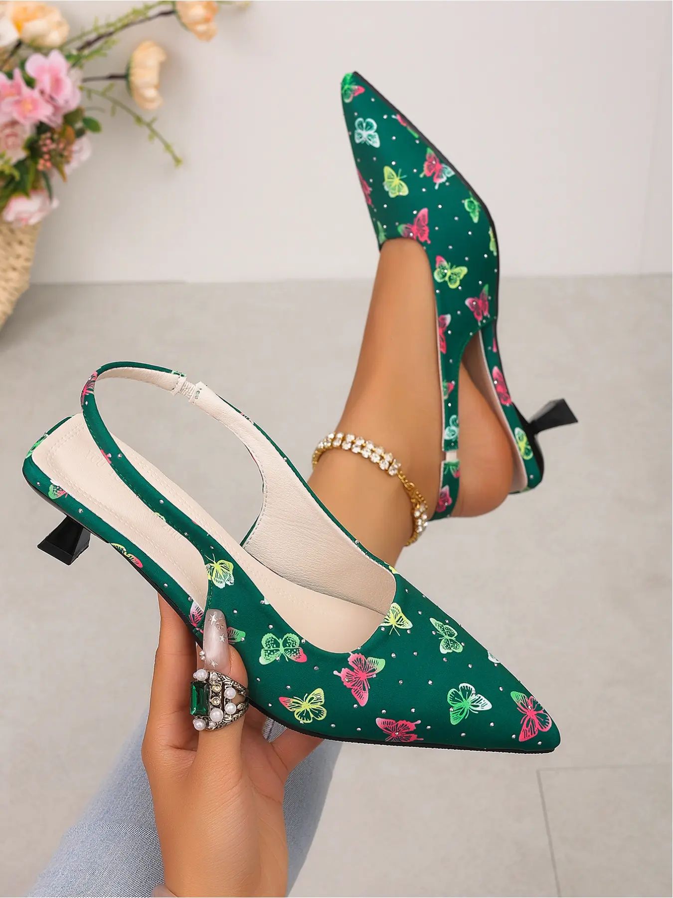 Brunch & Wedding Guest Butterfly Print Slingback Pumps - Emerald Green Dress Heels