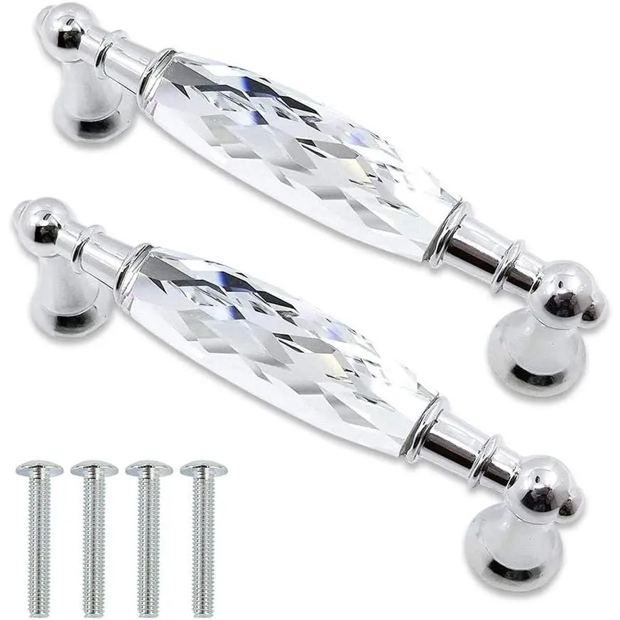 2-Pack 3.78'' Glass Dresser Drawer Handles/Clear Pulls Knob Chrome Metal/ Modern  Cupboard Cabinet Handle Pull Knobs 96mm (2, 3.78" Hole Center Style A)