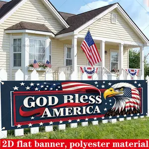 2D Flat Banner Polyester Patriotic Theme Banner, HD digitally printed soft lightweight foldable background cloth featuring American flag, bald eagle head, and "GOD Bless AMERICA" text, for Independence Day, 4th of July, Memorial D