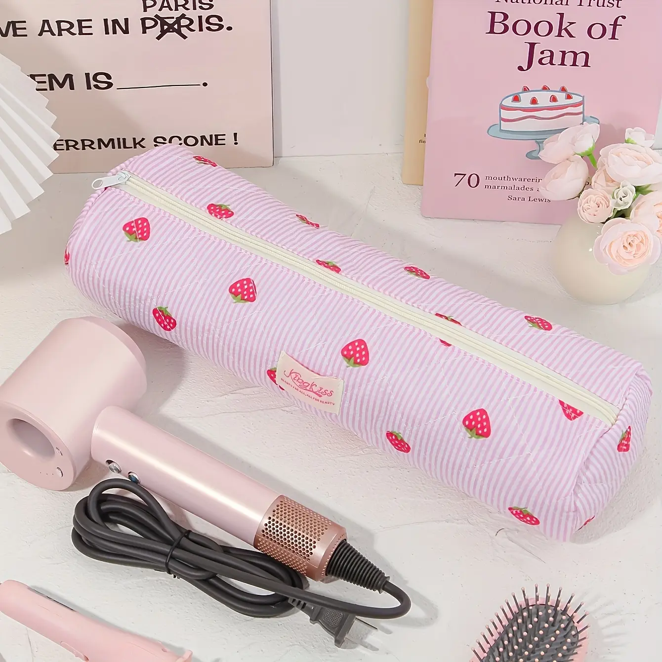 Floral And Bow Pattern Hairdryer Storage Bag, Hair Straightener Storage Bag, Portable Travel Hairdryer Storage Bag, Portable Travel Multi-Functional Cosmetic Bag