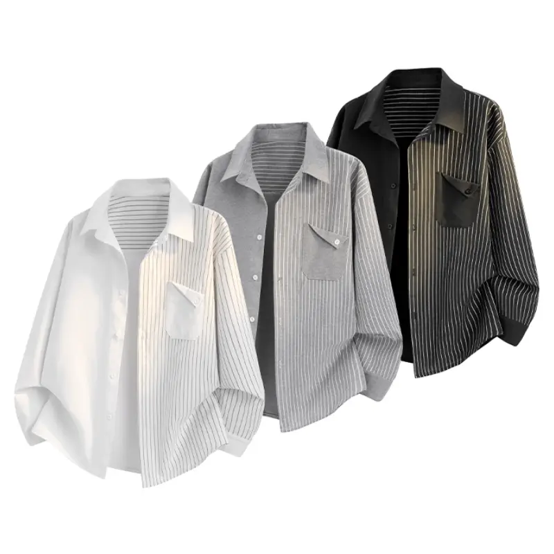 Men's Polyester Striped Casual Oversized Color Block Long Sleeve Button-Down Shirt - Collared, Chest Pocket, Loose-Fit, Medium Length, Machine Washable Menswear Top