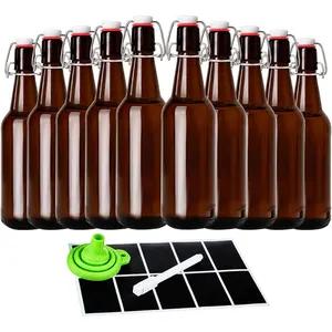 16.5oz Amber Beer Bottles with Flip Caps Set of 10, Swinging Top Glass Brewing Bottles with Airtight Lids for Vanilla Extract, Fermentation Kombucha, Beverage, Water, Kefir, Soda