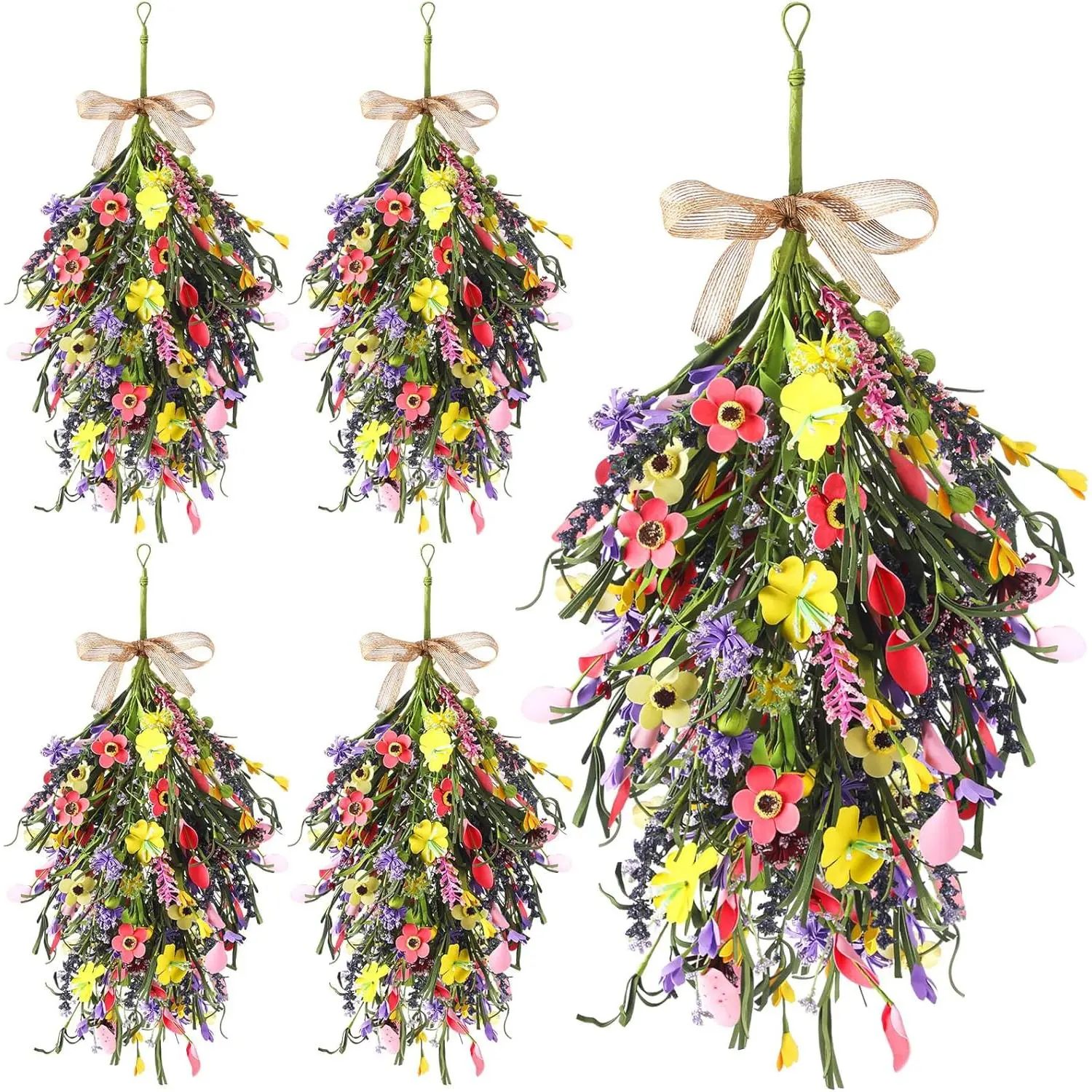 4 Pcs Spring Artificial Teardrop Wreath Swags for Front Door Farmhouse With Ribbon Flowers for Wedding Porch Wall Window Cabinet Decor(Wildflower), Set, Decoration, Linen, Rattan, Colorful, Lavender, Plastic