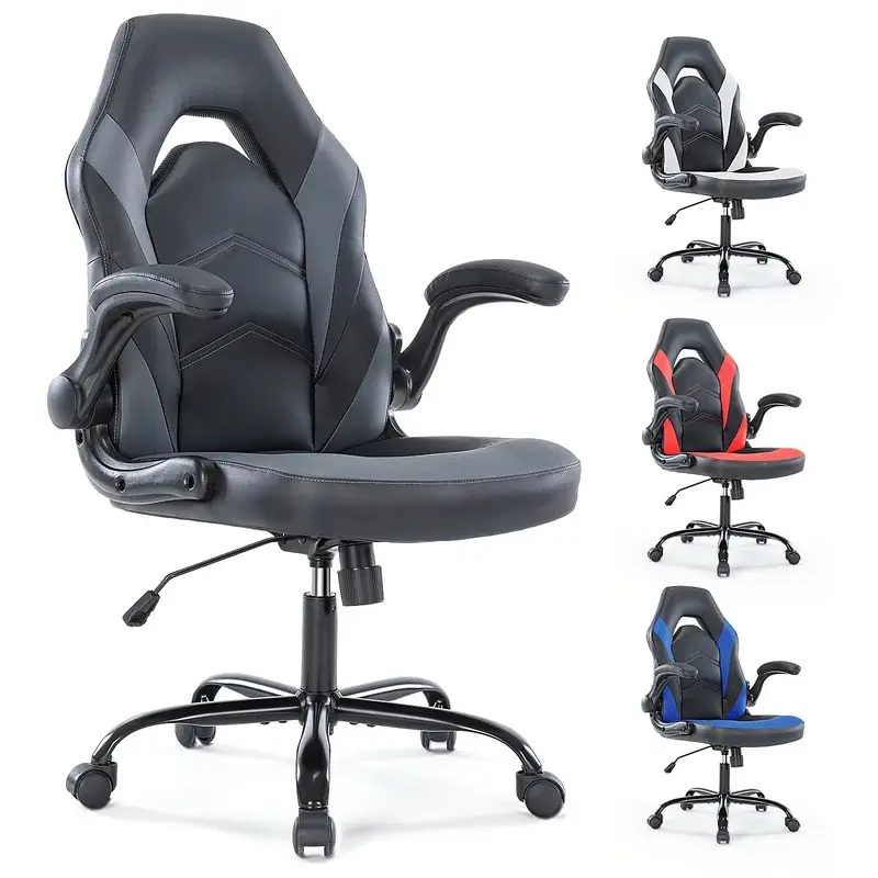 Aobtkel Ergonomic Metal Rolling Gaming Chair - PU Leather Racing Office Chair with Hollow Back, Flip-Up Arms, Adjustable Height, Easy Setup Lift Function for Adult Home Entertainment Furniture, Armrest