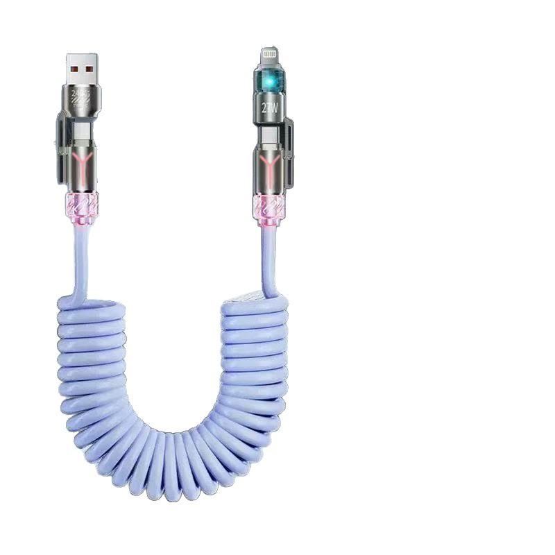 240W Super Fast Charging 4 in 1 Spring Car Charging Cable Compatible with Apple Huawei USB C Lightning USB A Car Data Cable for Phone magnetic mount