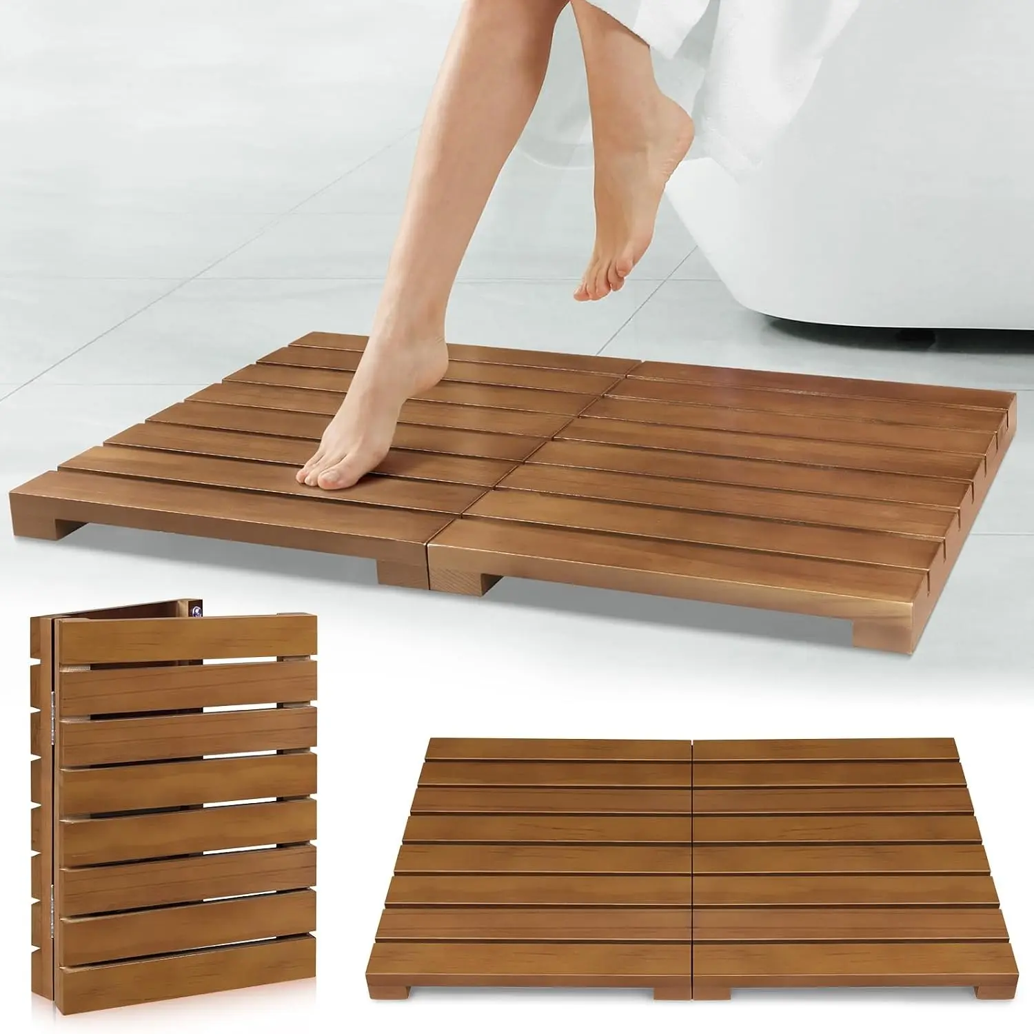 Foldable Teak Wood Shower Bath Mat with Steel-Rubber Grip, Ideal for Bathroom & Outdoor Use, Great Gift for Home Spa Needs