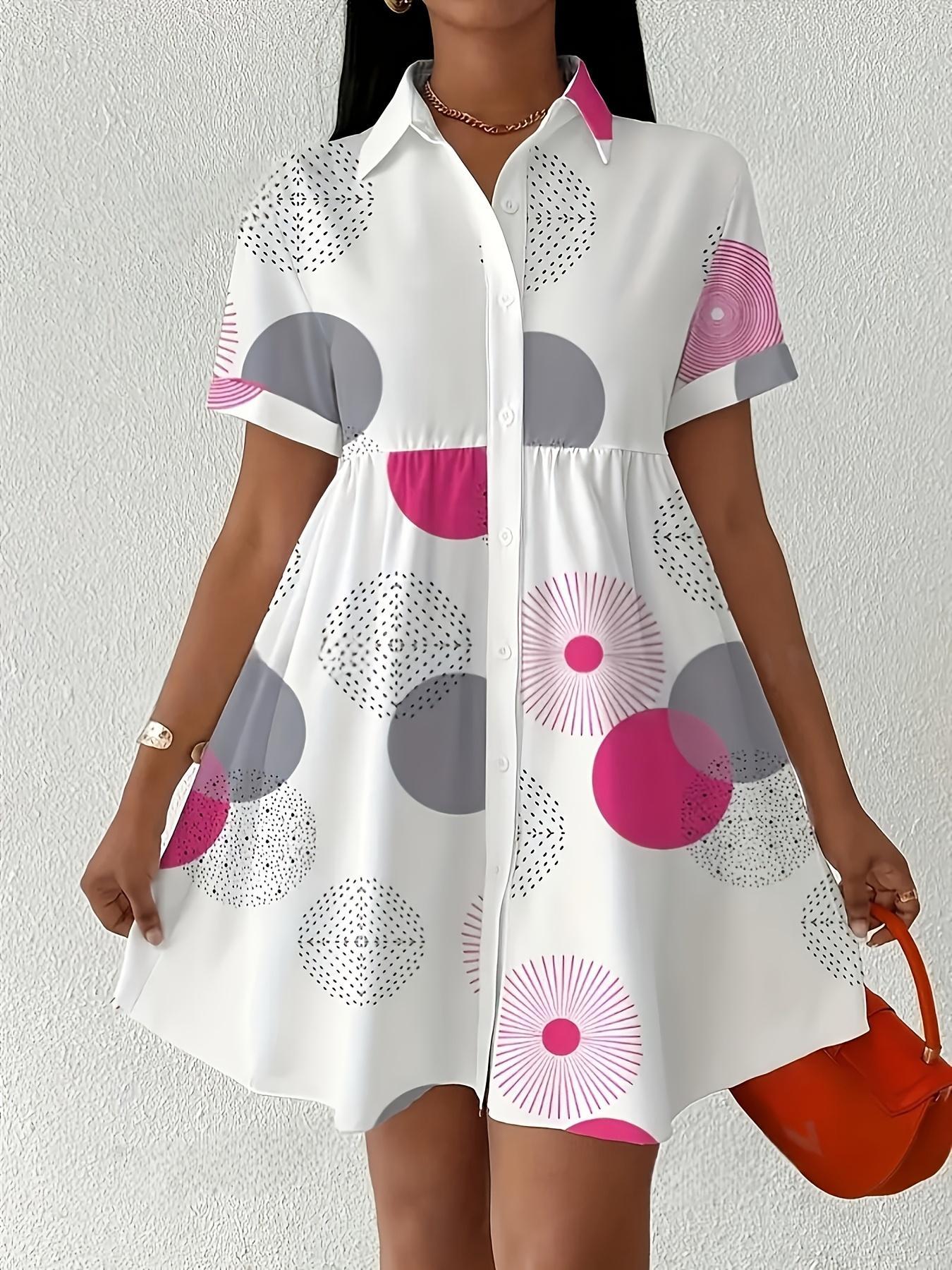 【Plus Size】 All Over Print Shirt Dress, Casual Short Sleeve Collared Dress for Summer, Women's Clothes for Daily Wear