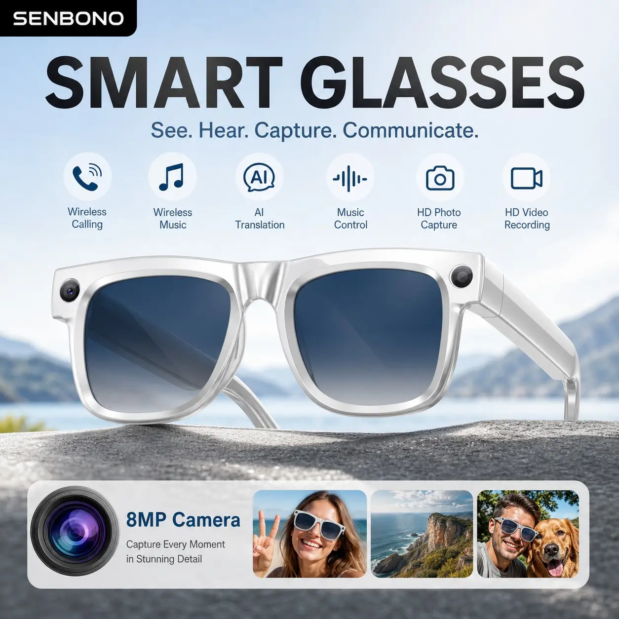 SENBONO Smart Glasses, Multi-Functionality, Photo Video Audio, Bluetooth-compatible Call, Music Play, Ai Q&a Translation, Android iOS Compatible