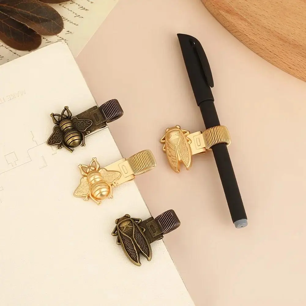 1pc Insect-Themed Metal Pen Clip with Spring,Creative Gold cicada Bee Retro Spring Clip Student Pen Clip,for Notebooks, School