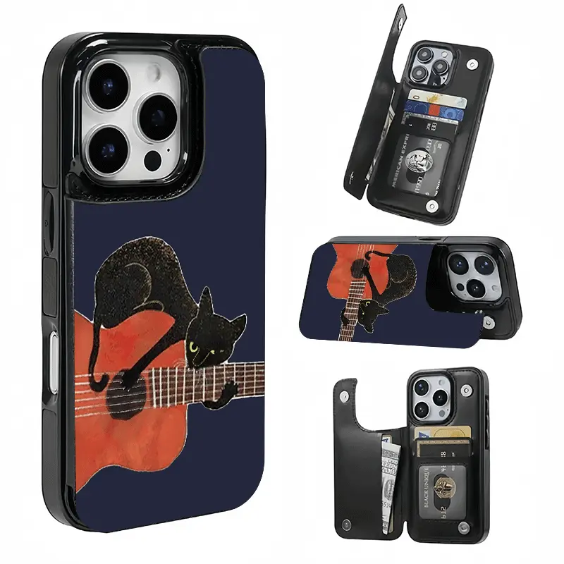 Hand-painted style black cat guitar card holder phone case, This phone case features a card slot function, can store bank cards, transit cards and other cards, suitable for iPhone 17/16/15/14/13/12, and makes a great gift for girls.