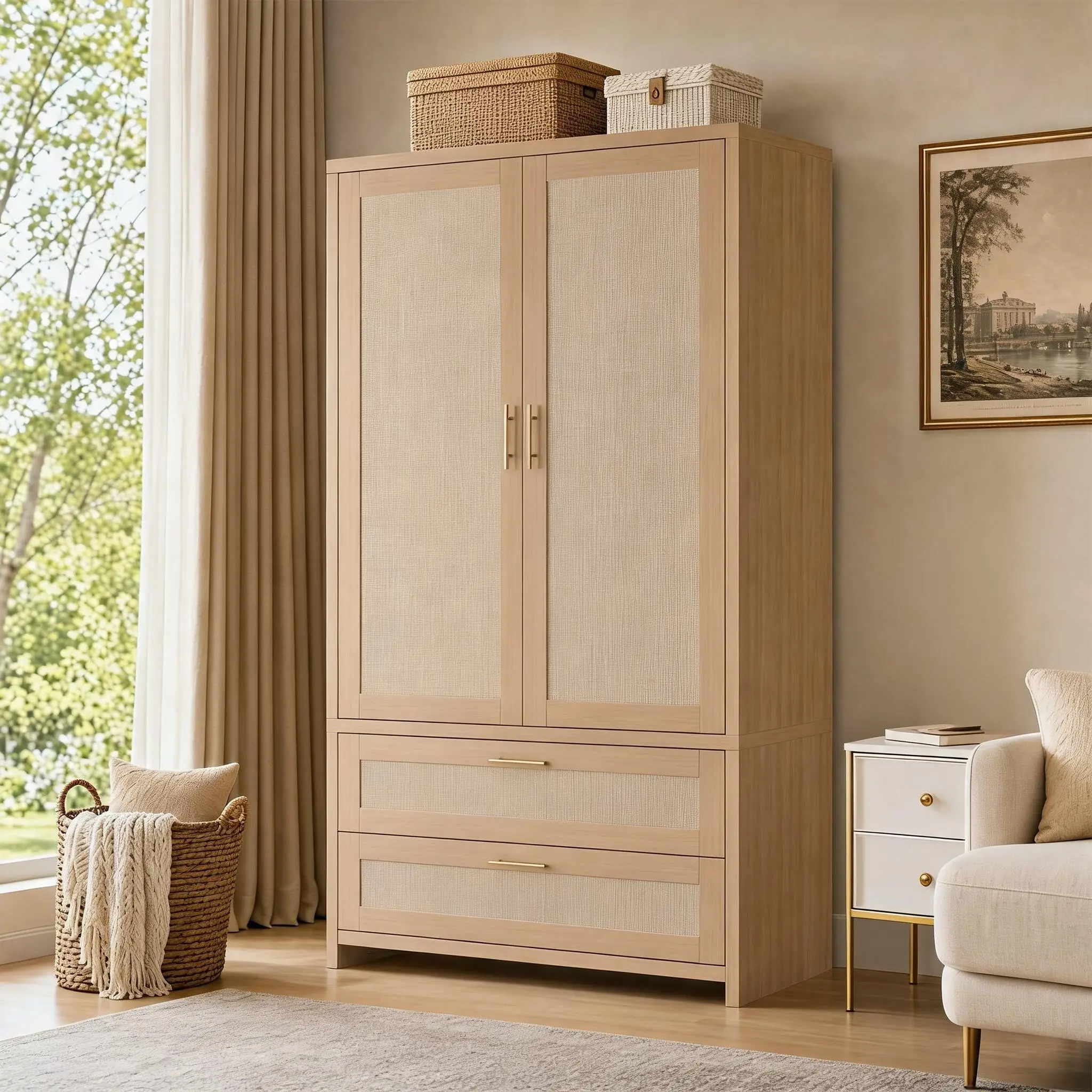Boho Rattan Wooden Wardrobe Closet – 2 Doors, Drawers & Hanging Rod – 71" Tall Storage Armoire for Bedroom Clothes Organization, Oak
