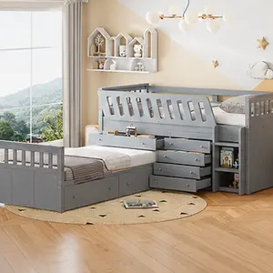ARCH Twin Size L-Shaped Loft Bed with Platform Bed and 7 Drawers Storage, Solid Wood Bunk Bed with Full Guardrails, Space-Saving Kids Bedroom Furniture Set for Small Rooms, Gray, Twin Size Options, Gray Color Options, Solid Wood Material