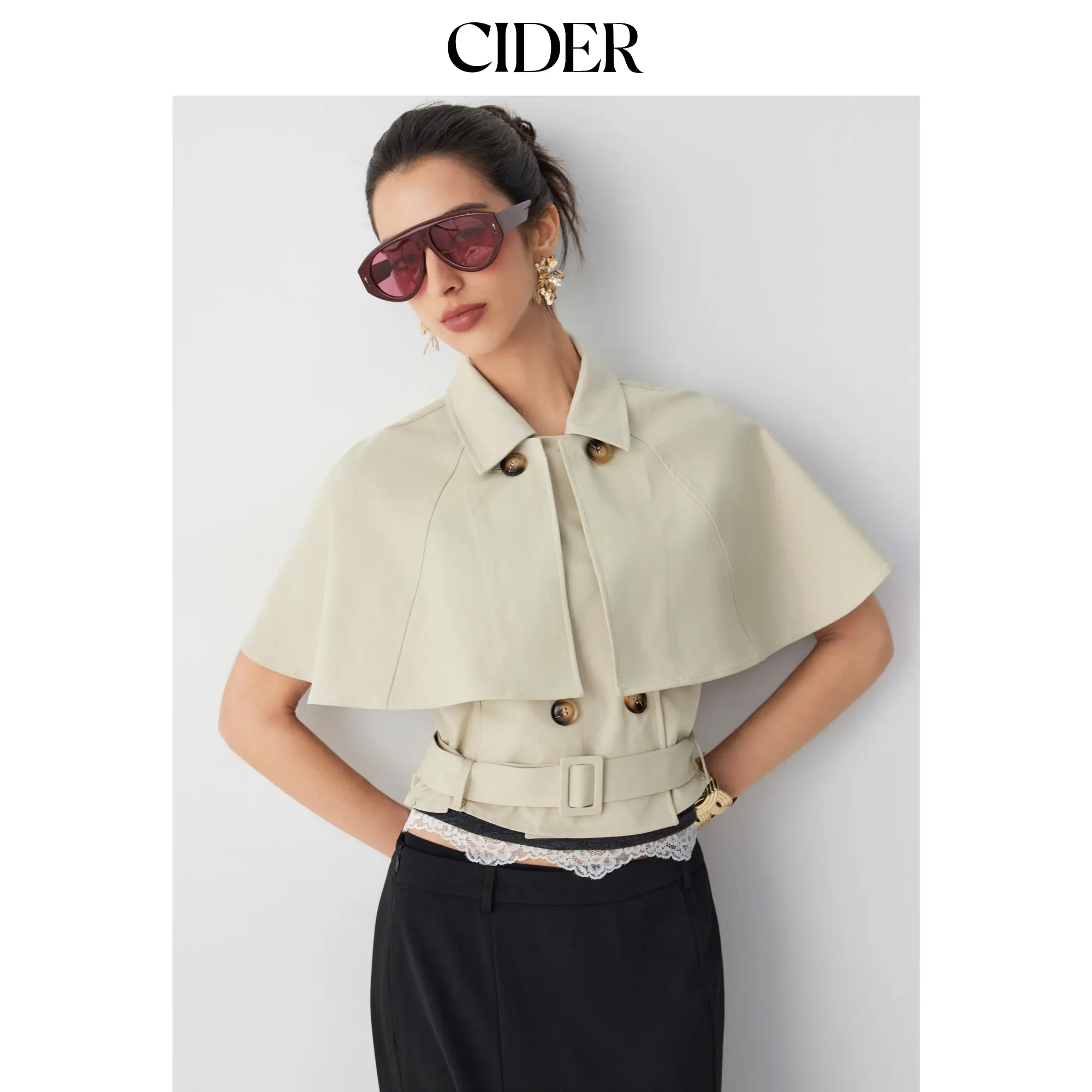 Cider Double-Breasted Cloak Sleeve Jacket With Belt