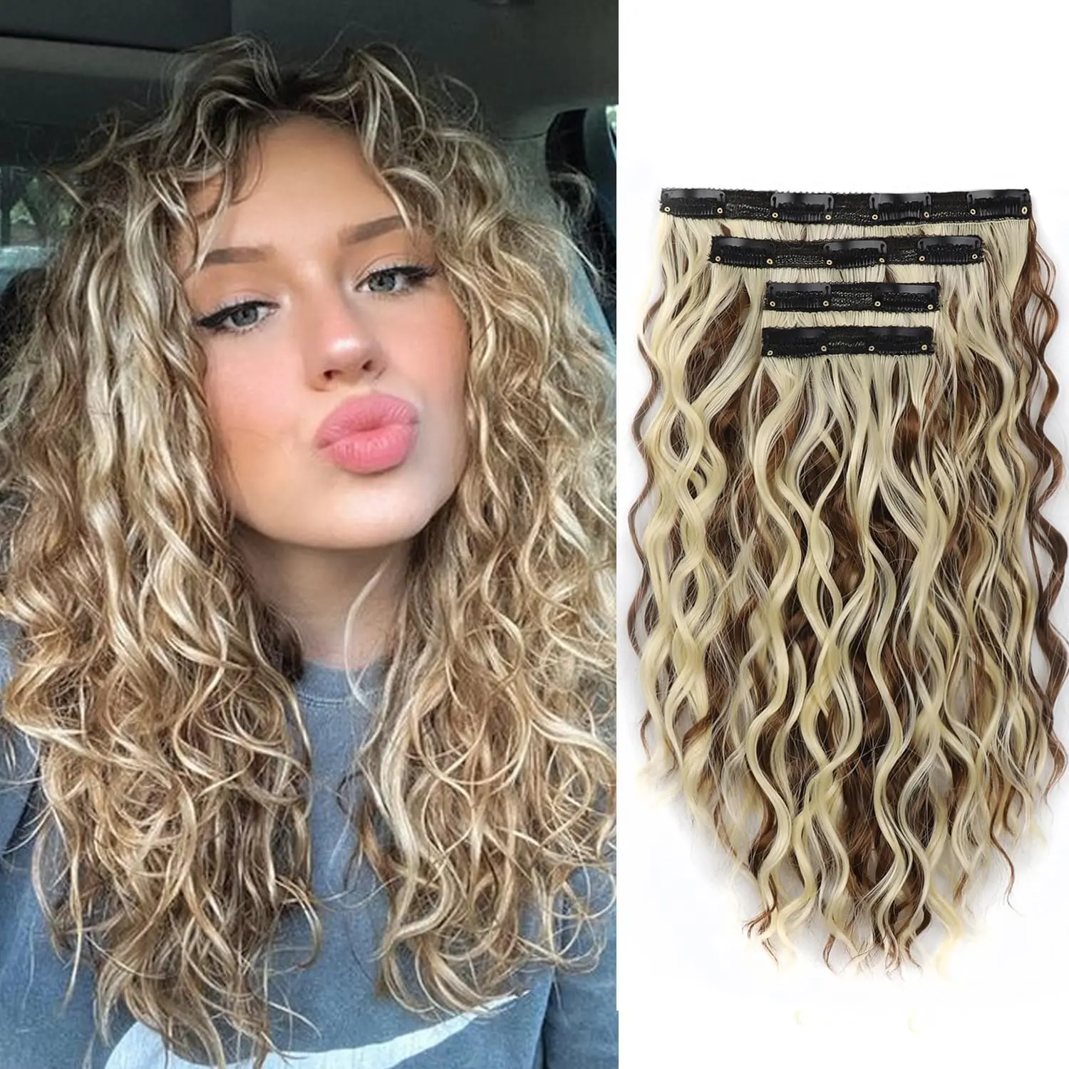 Curly Clip in Hair Extensions,4PCS 16 Inch Ash Blonde with Highlight Extension Clip Ins Lace Weft, Super Protein Gogo  Invisible  Hairpieces for Women