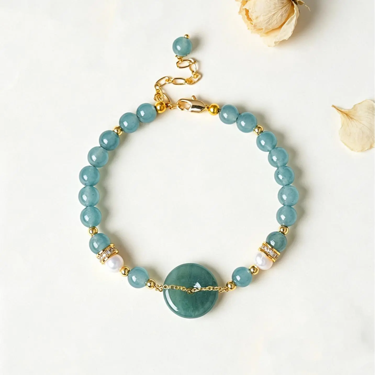 Women's Gold Natural Jade Safety Buckle Bracelet with Chalcedony, Pearls - Female Jade Bangle, Nephrite Gemstone Accessory with Secure Fit, Any Occasion Luggage & Bag Charm, All-Season