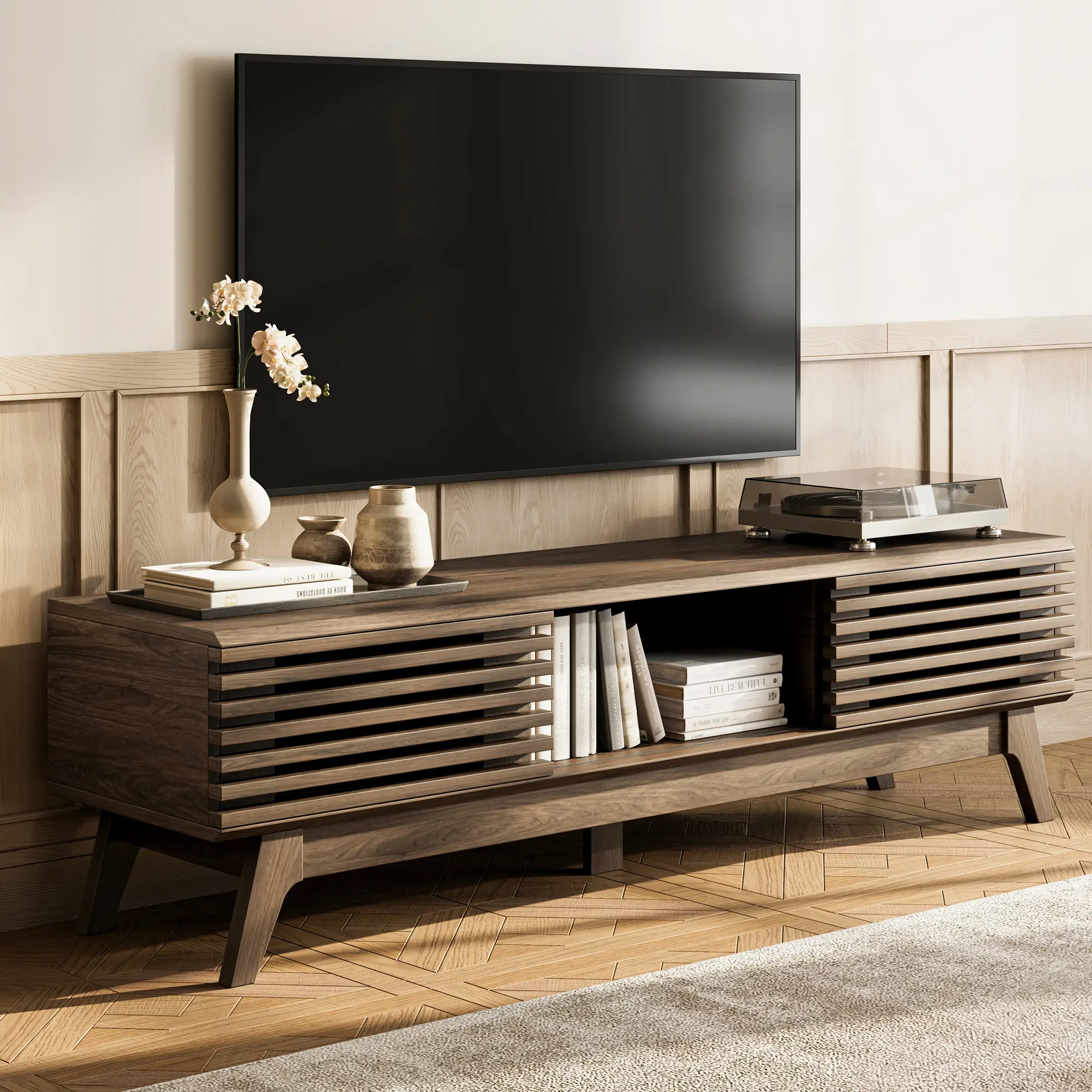 AODK Mid-Century Modern Fluted TV Stand with Sliding Doors & Storage Cabinets, Entertainment Center for Living Room & Bedroom