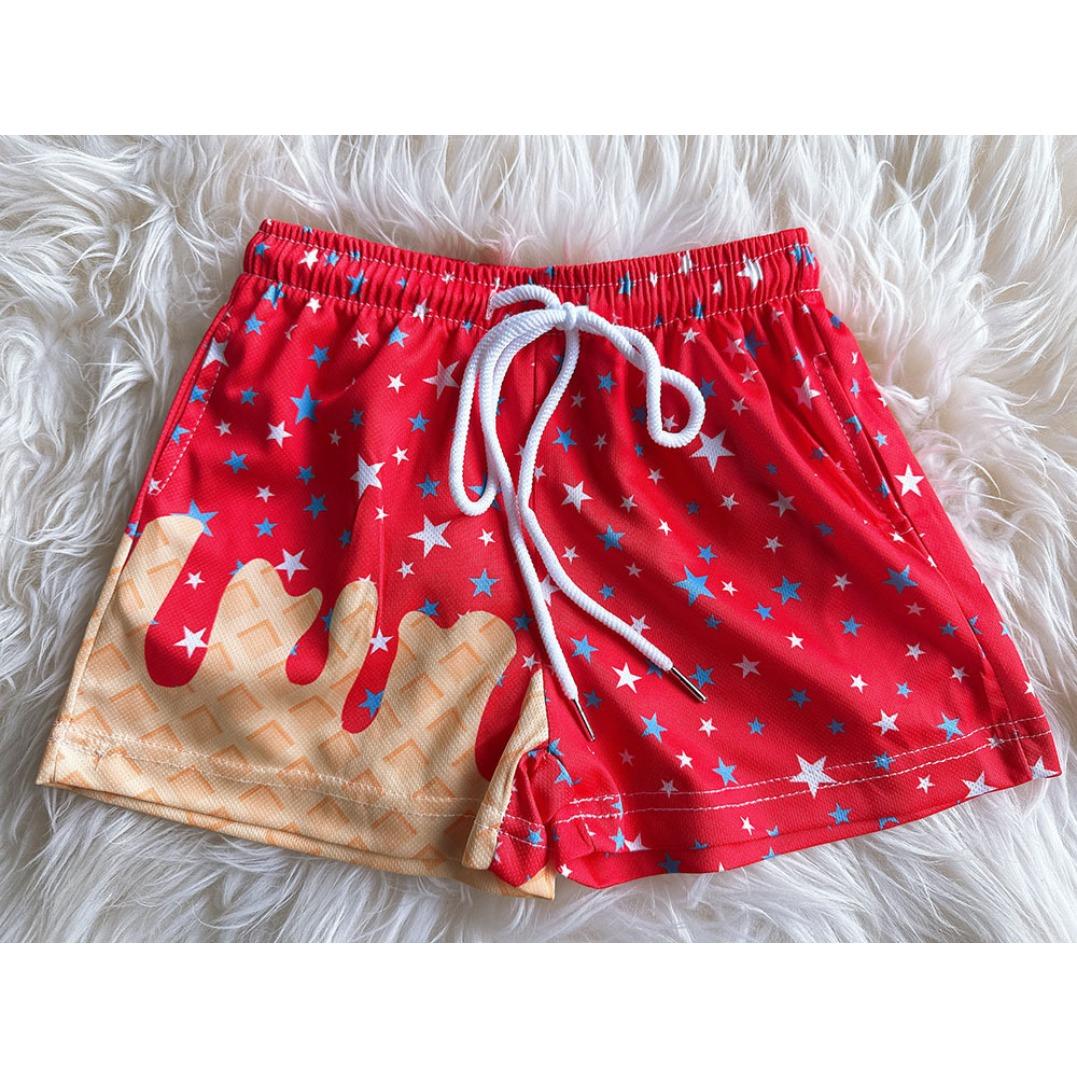 Polyester breathable 3D printed ice cream beach shorts, summer vacation loose surfing shorts, unisex fun casual sports shorts