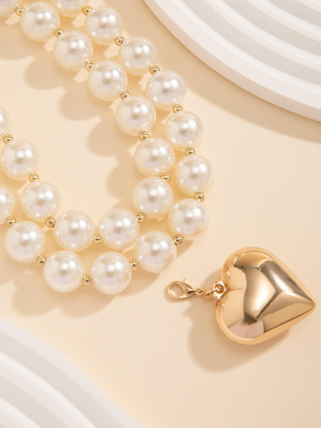 Boho Faux Pearl Decorated Beaded Necklace, Elegant Heart Pendant Necklace for Women and Girls, 2024 New Trendy Versatile Accessories for Dates, Parties, Faux Pearl Jewelry