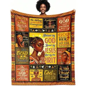 African American Religious Gift For Woman, Blessed By God Loved By Jesus African American Woman Bible Verse Patchwork Flannel Blanket, Tribal Border Faith Scripture Prayer Black Women Portrait Throw Blanket, Soft Plush Warm Blanket for Couch Bedroom