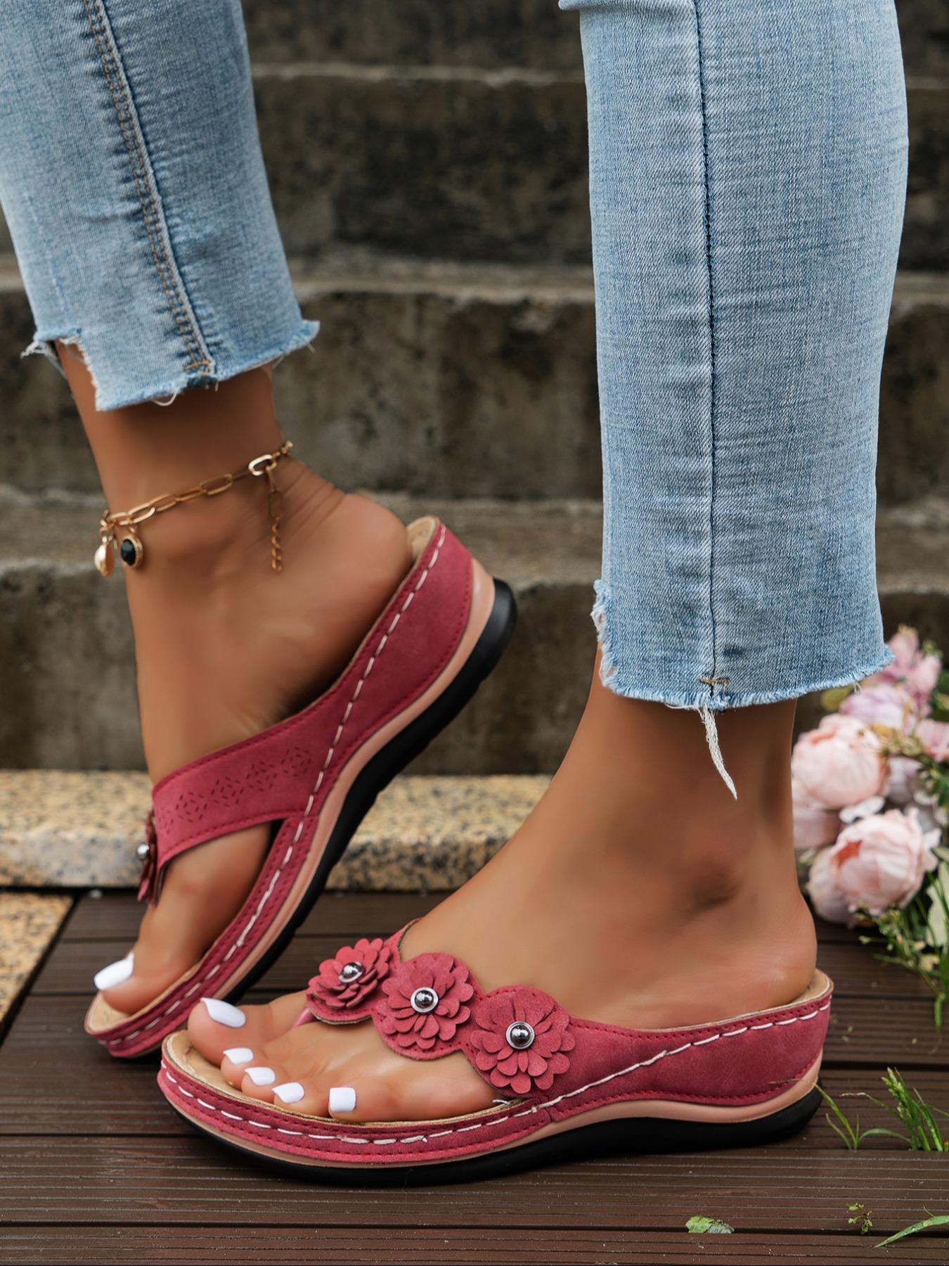 Women's Fashionable Flower Decorated Flip Flops, Casual Comfortable Platform Sandals for Summer, Lightweight Breathable Shoes for Daily Wear, Girl, Boho Sandals