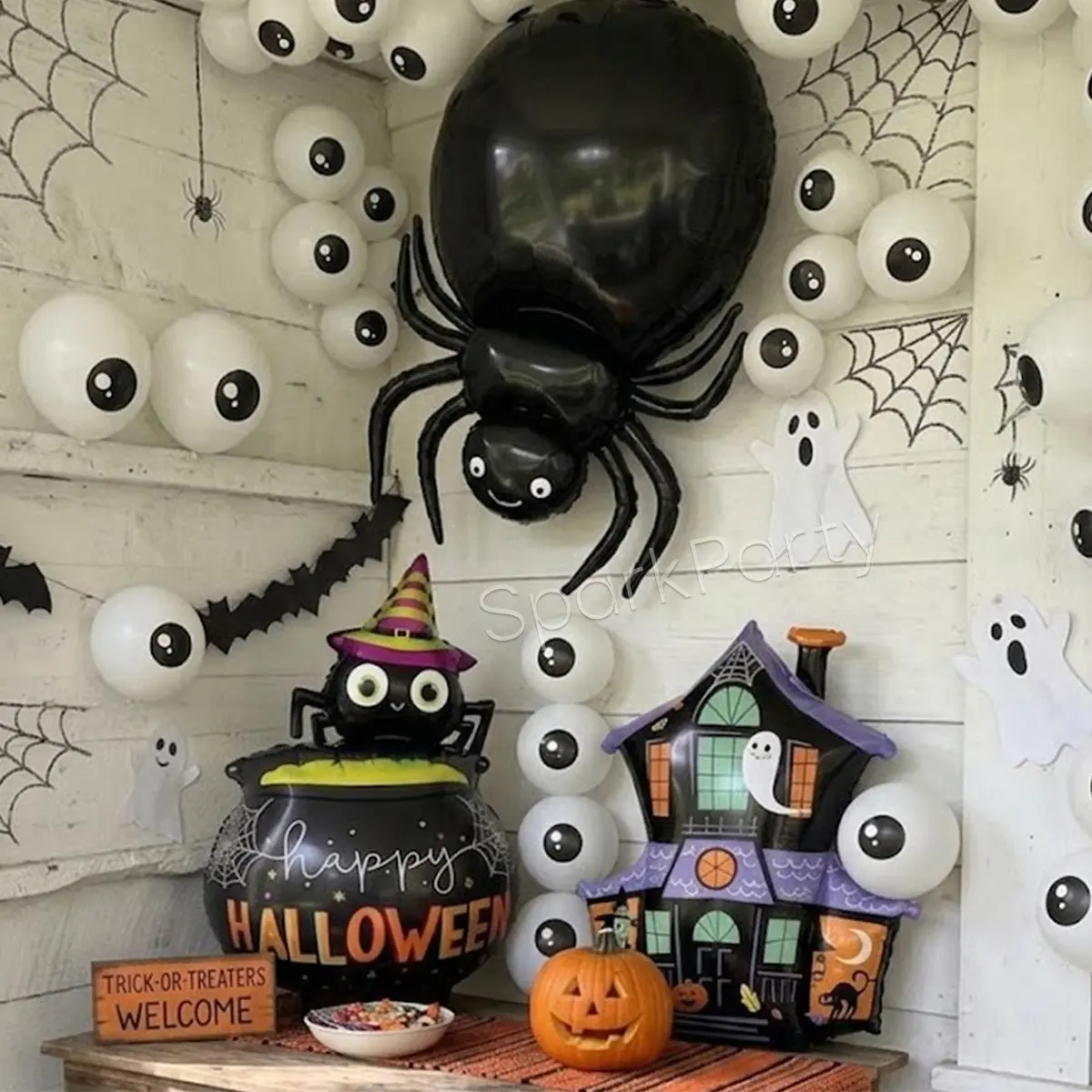 Halloween Decoration Balloon Set, 13pcs, Spider, Medicine Jar Spider, Haunted House Aluminum Foil Balloons, 5-Inch Eye Latex Balloons