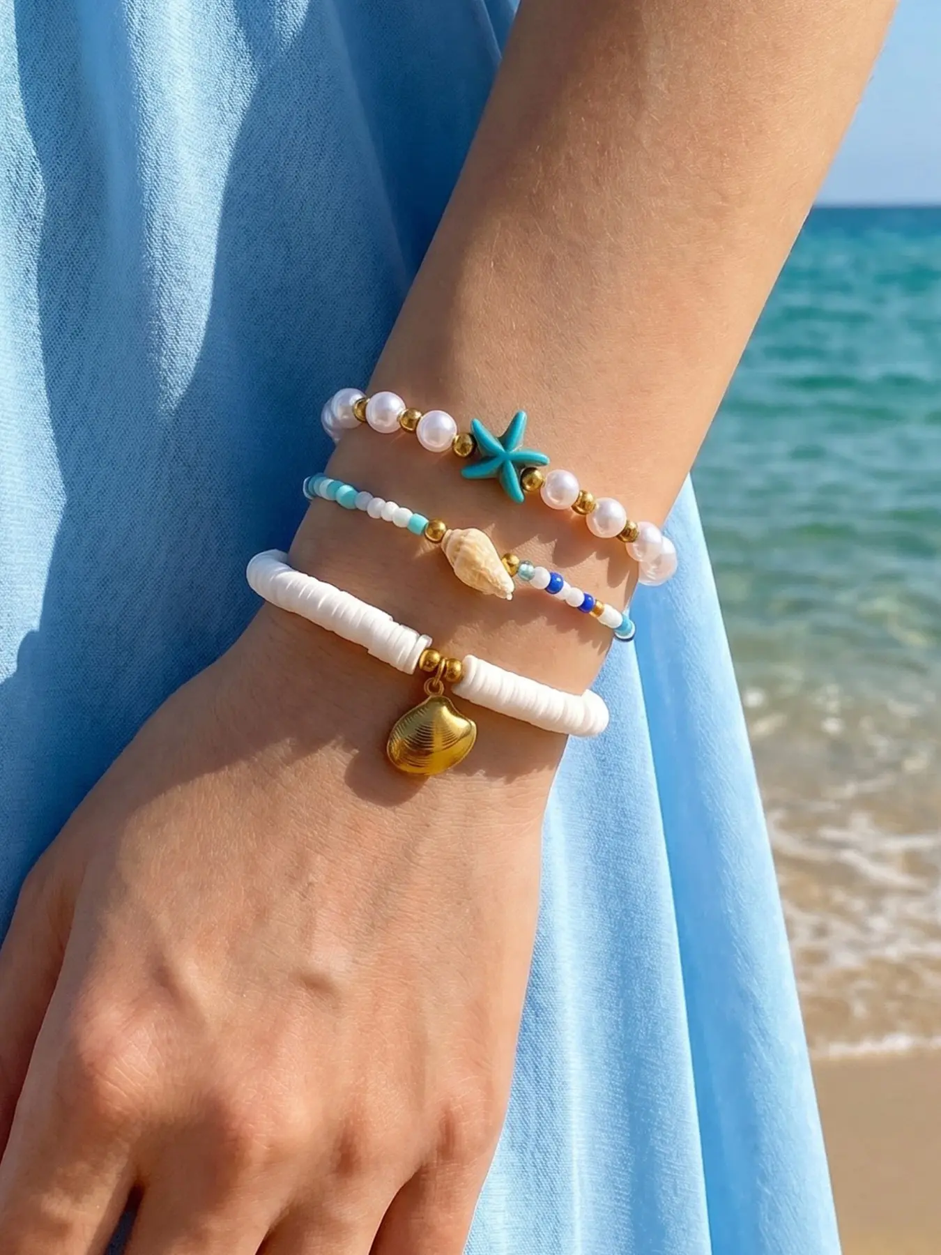 Minimalist 3pcs Ocean Style Bracelets, Soft Clay Imitation Pearl Adjustable Fit Bangle Stackable Wristbands, Elegant Daily Jewelry for Women