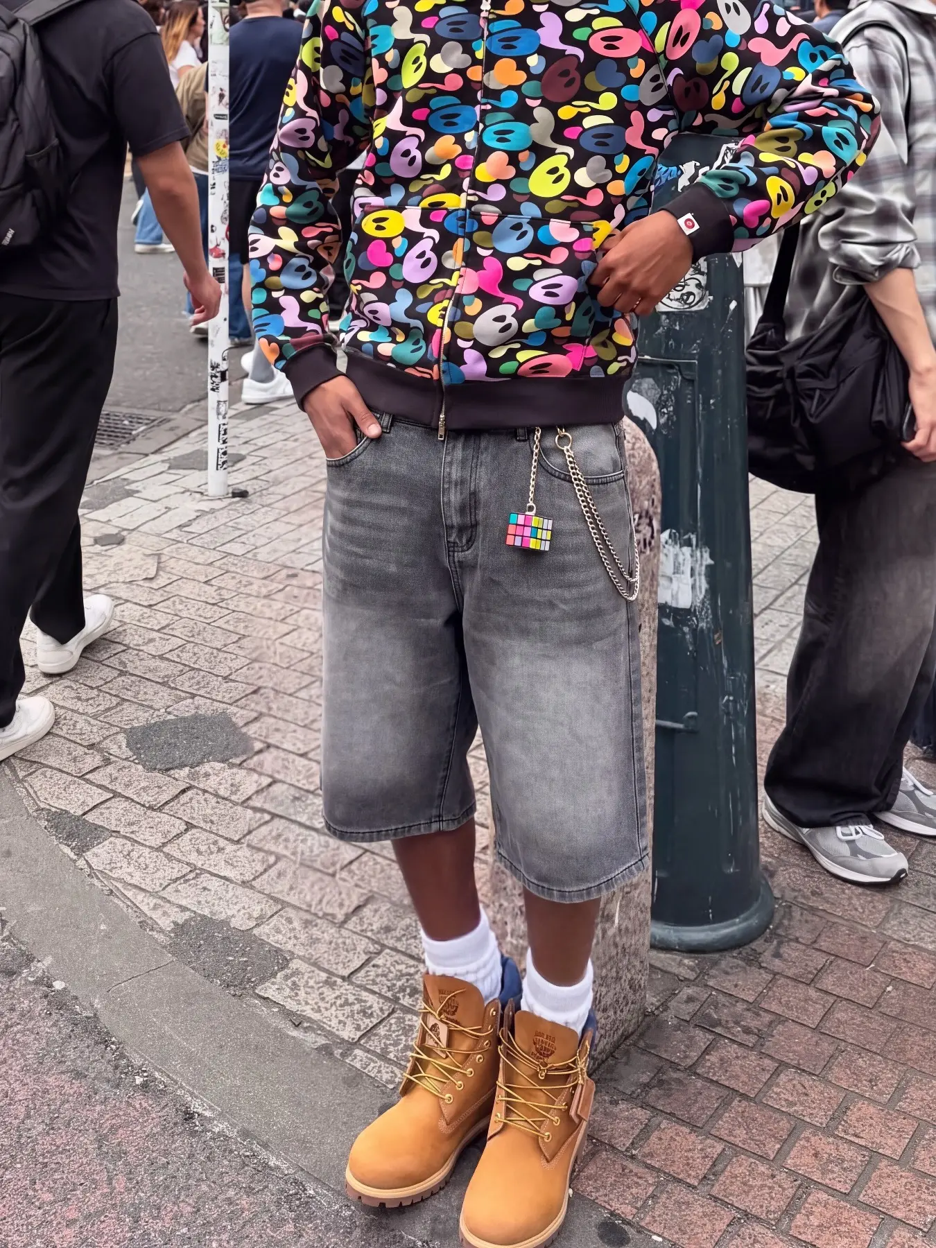 Men Vintage Washed Denim Capri Shorts, Y2K Streetwear, Loose-Fit Baggy Knee-Length Jorts, Casual Wide Leg Jeans Shorts for Men