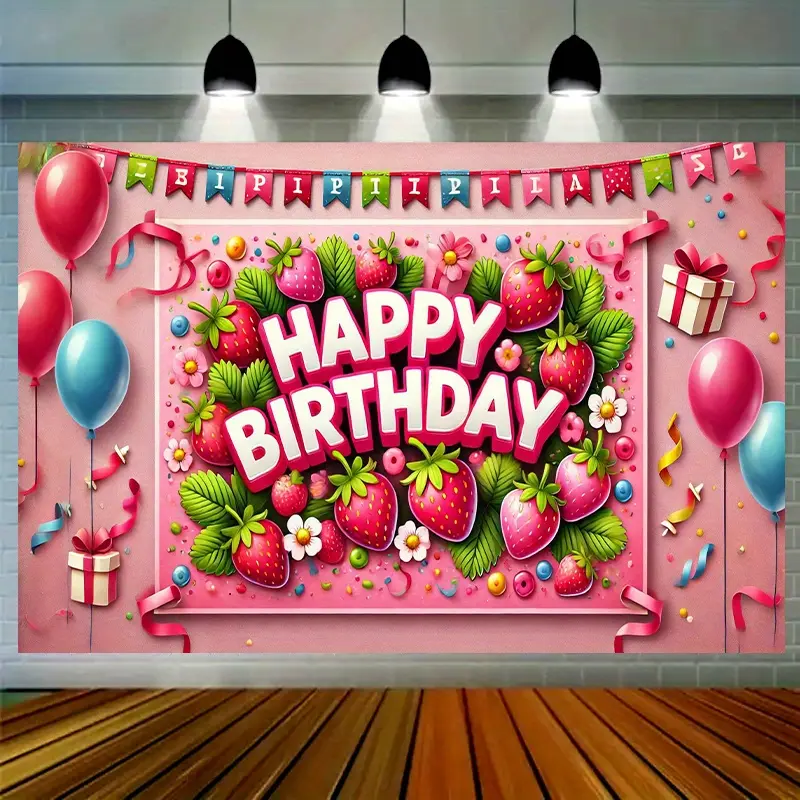 Strawberry Birthday Party Backdrop Banner, Premium Polyester Photography Background, Birthday Decoration, Wall Decor, Event Decoration, Photo Booth Props for Anniversary, Baby Shower, Holiday Celebrations, Indoor Outdoor Home Garden Studio Decor
