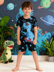 boy's cartoon dinosaur print tee & shorts loungewear set, casual comfy round neck short sleeve t-shirt & shorts set, kids sleepwear for summer
