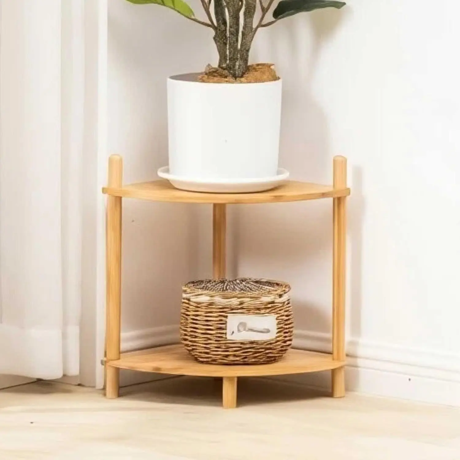 2-Tier Expandable  Corner Shelf Stand,Corner Bookshelf, Small Corner Table,Display Storage Shelves with Open Shelves, for Living Room Kitchen Bedroom Office