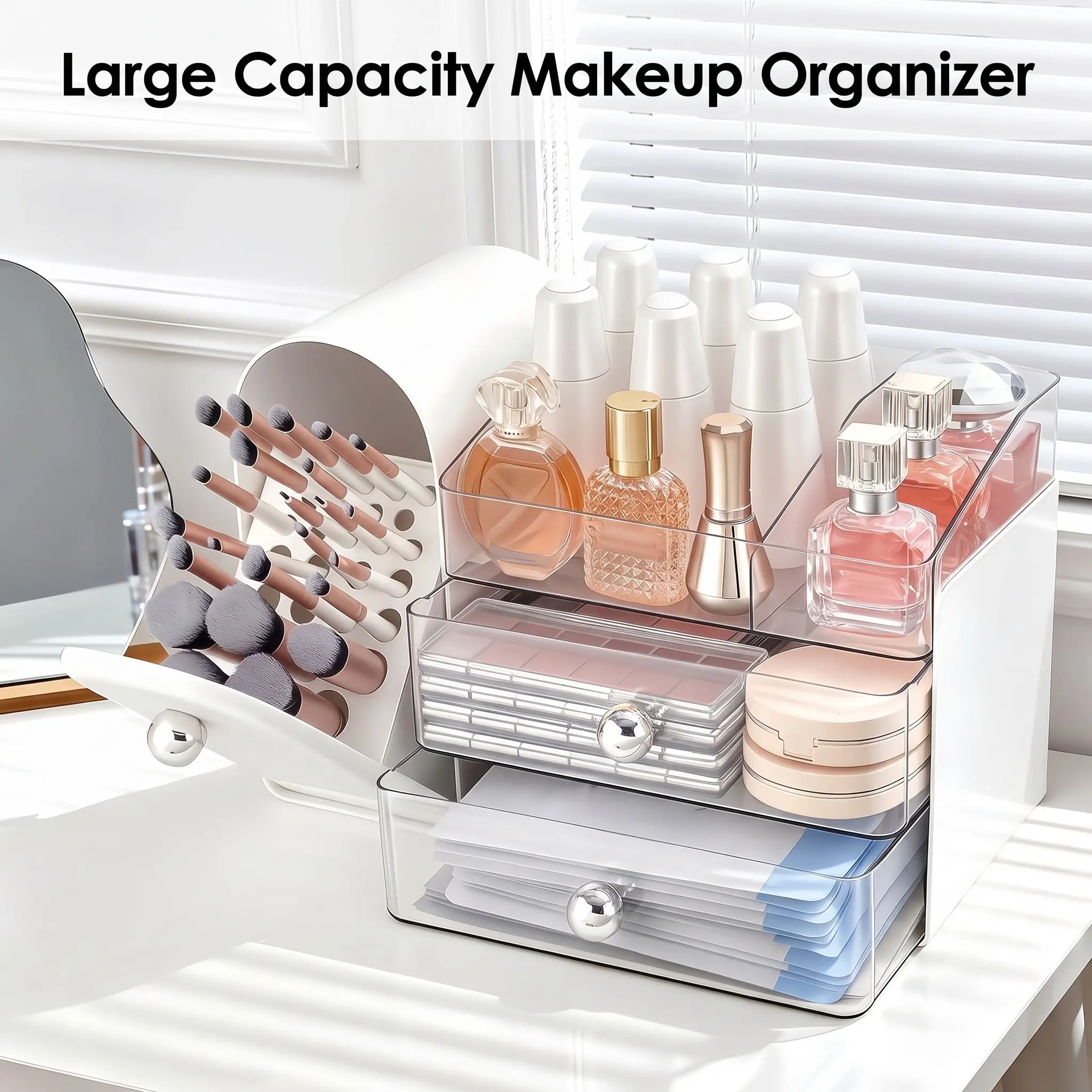 Large Capacity Makeup Storage Box with Dust-Proof Brush Holder, Anti-Dust and Moisture Cosmetic Organizer for Dressing Table