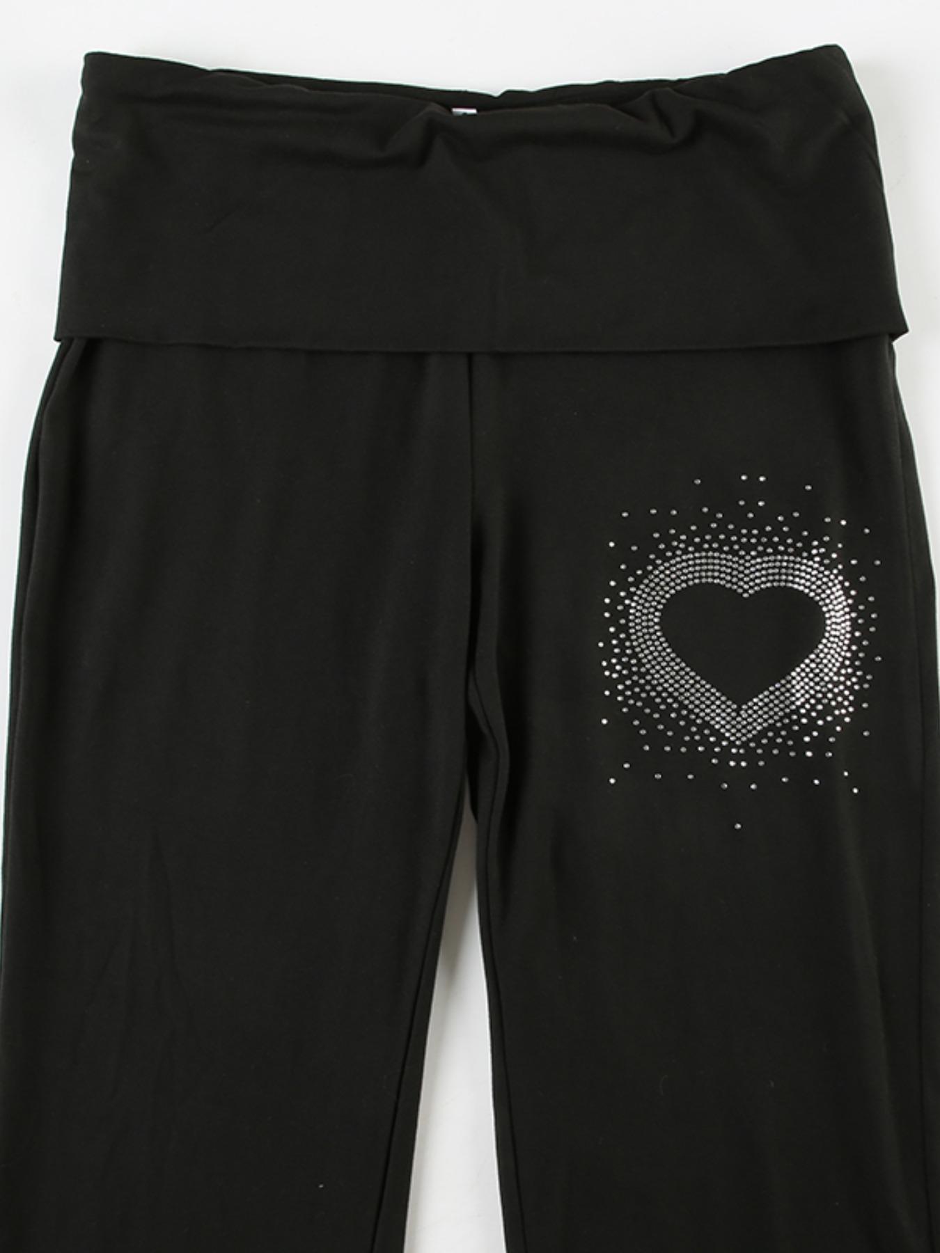 Women's Heart Shaped Rhinestones Flare Leg Pants, Fashion Casual Bell Bottom Trousers for Daily Wear, Ladies Bottoms for All Seasons Fit